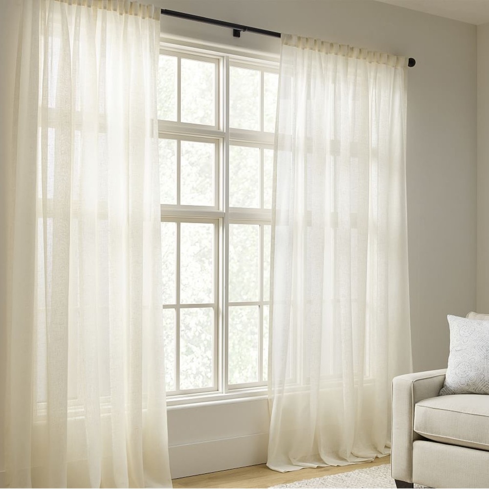 Pair Pottery Barn Emery Linen Sheer Curtain Panels 50” x 108” Ivory